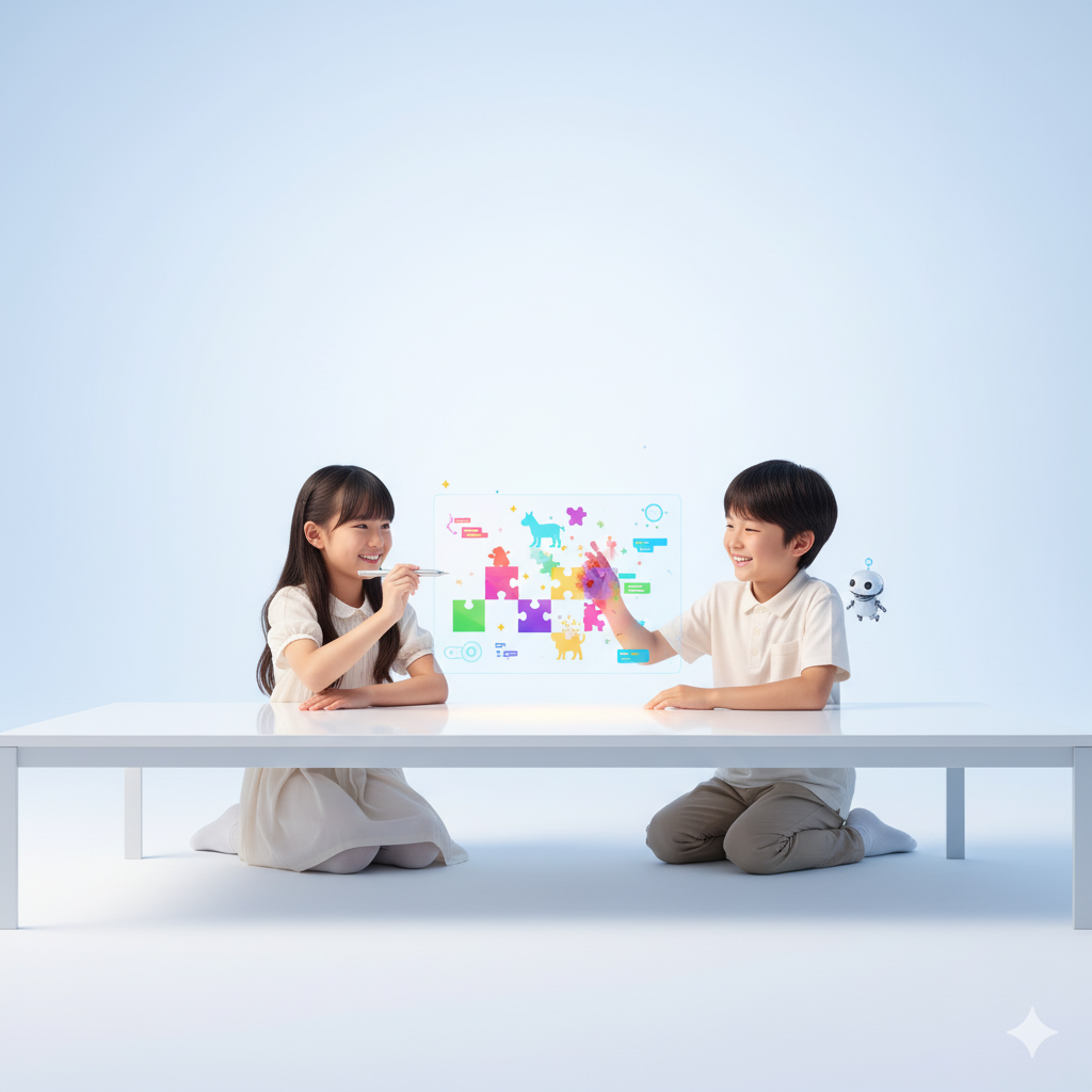 Students collaborating with AI technology